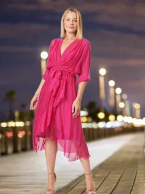 Cross Neckline Wrap Dress - Raspberry
