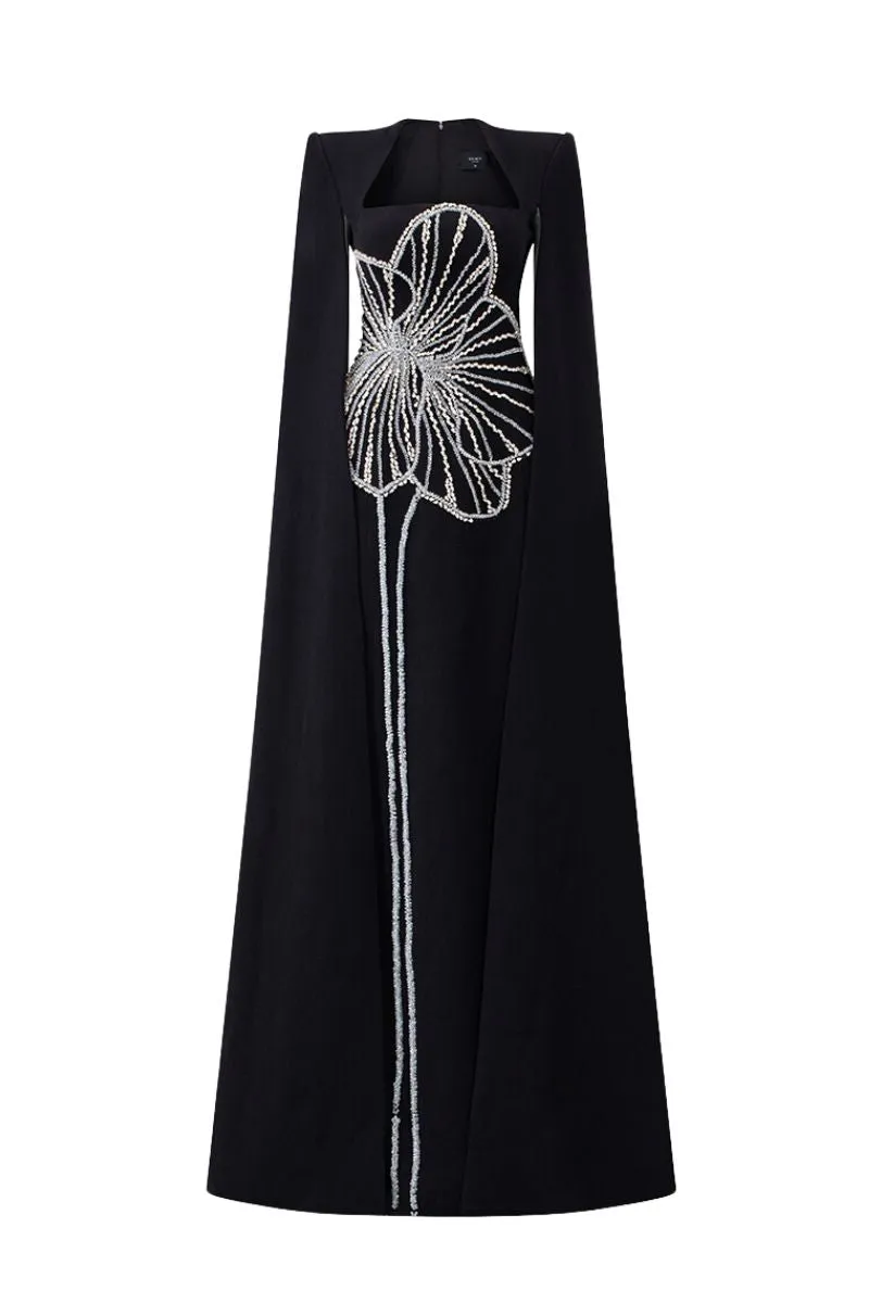 CRYSTAL FLORAL PATTERNED BLACK GOWN