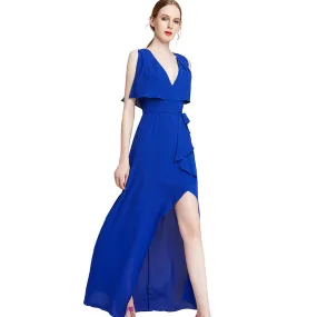 D015 Women solid heavy georgette V neck maxi evening dress