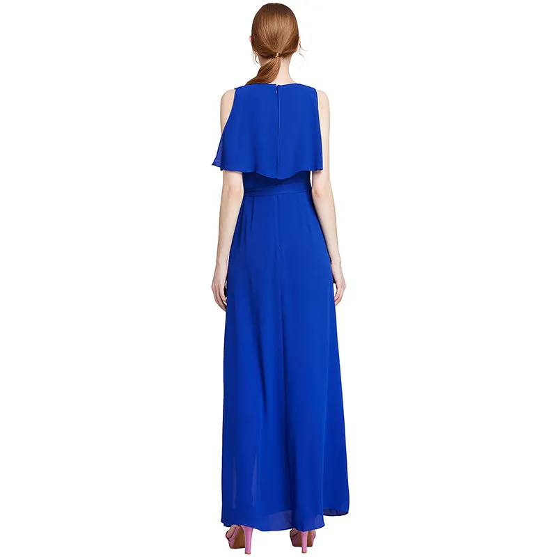 D015 Women solid heavy georgette V neck maxi evening dress