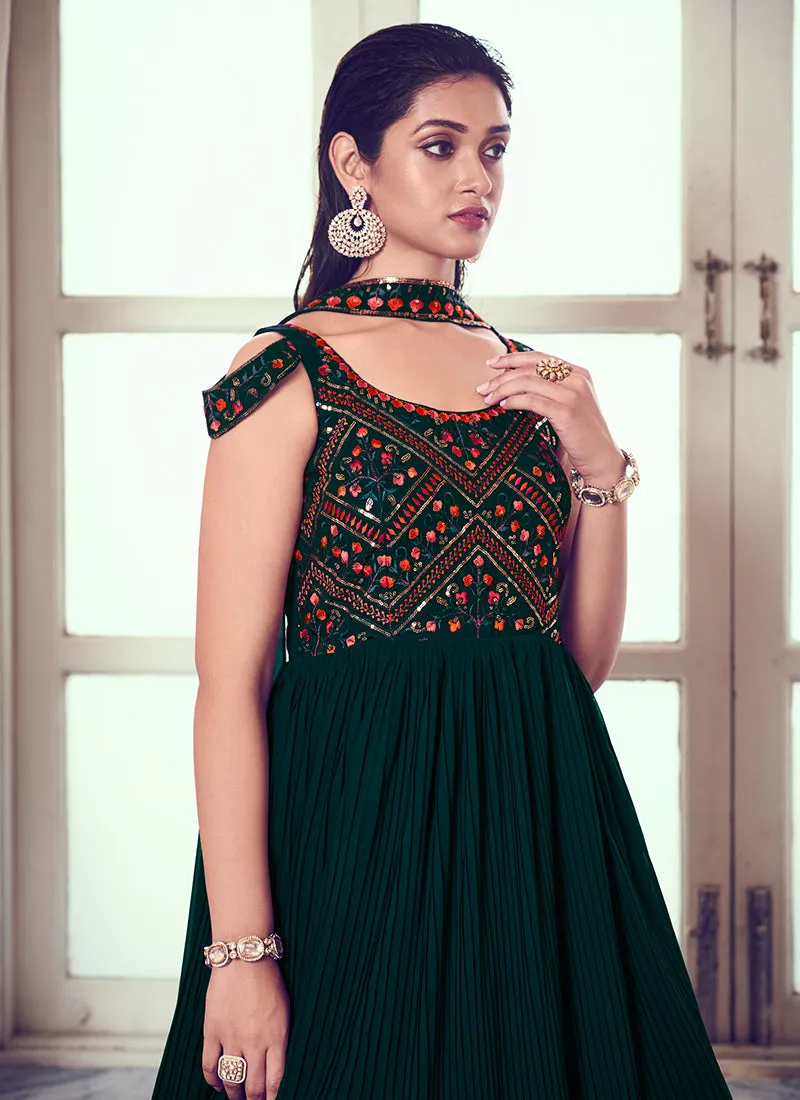 Dark Green Sequence Embroidery Designer Festive Gown