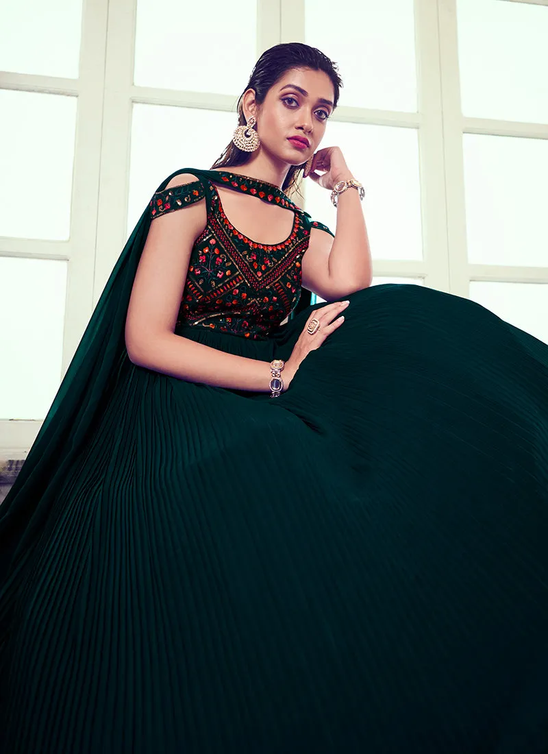 Dark Green Sequence Embroidery Designer Festive Gown