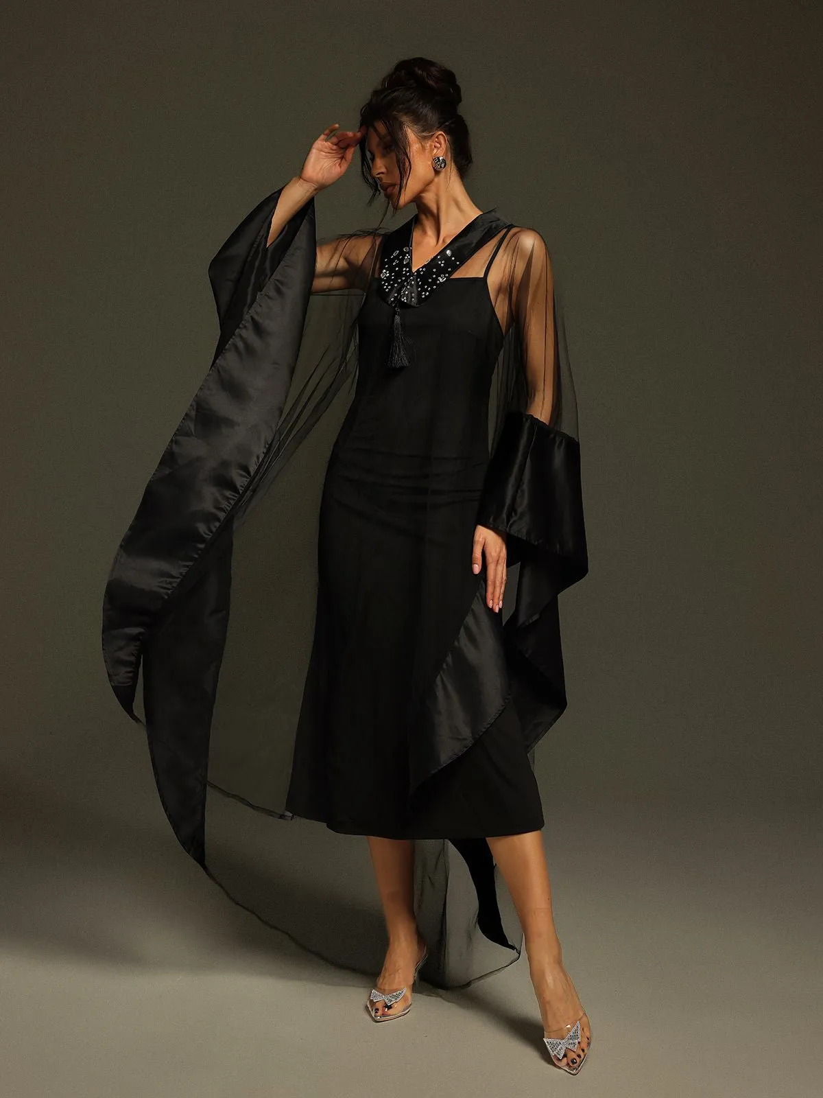 Dellesa V Neck Cape Maxi Dress