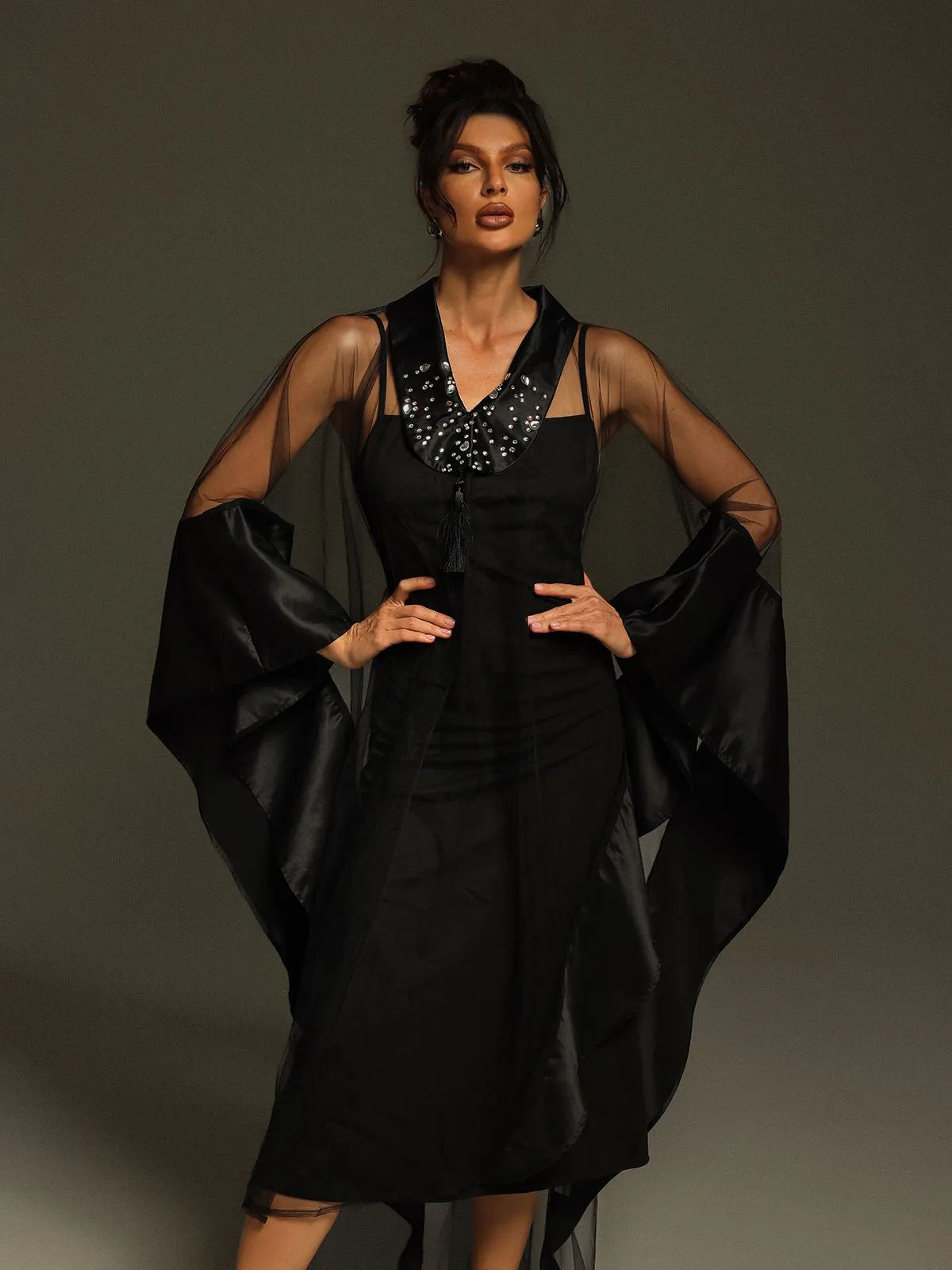 Dellesa V Neck Cape Maxi Dress