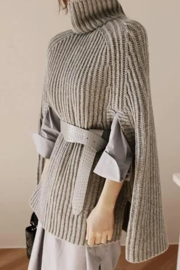 Dunnmall Fashion Turtleneck Solid Color Cape Sweater