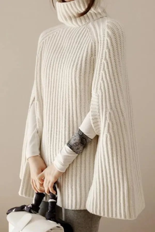 Dunnmall Fashion Turtleneck Solid Color Cape Sweater