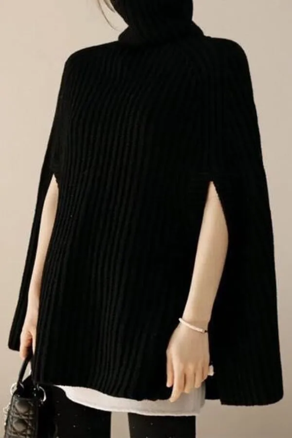 Dunnmall Fashion Turtleneck Solid Color Cape Sweater