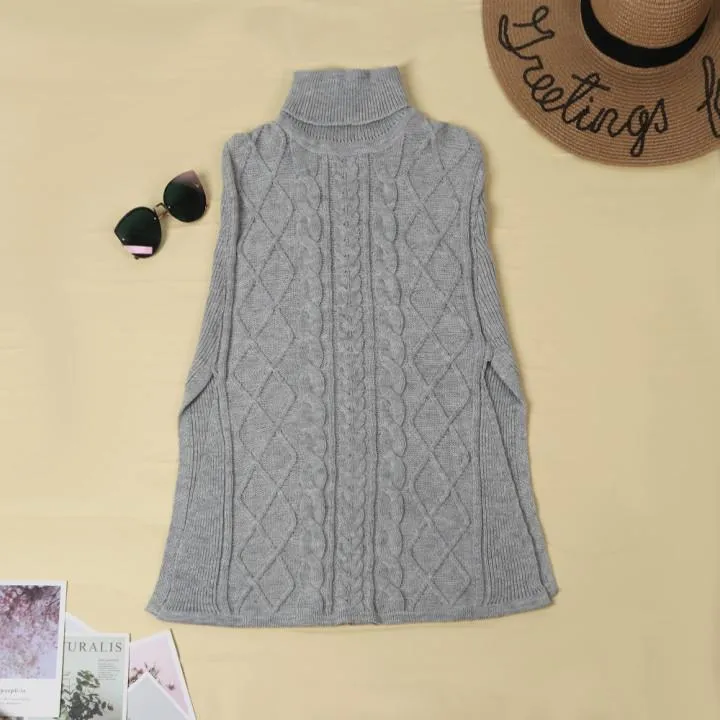 Dunnmall High Neck Loose Cable Knit Pattern Stitching Sweater Tops （7 Colors）