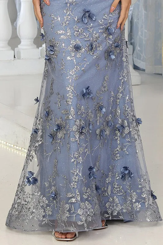 Dusty Blue Off Shoulder 3d Floral Applique Glitter Print Merm