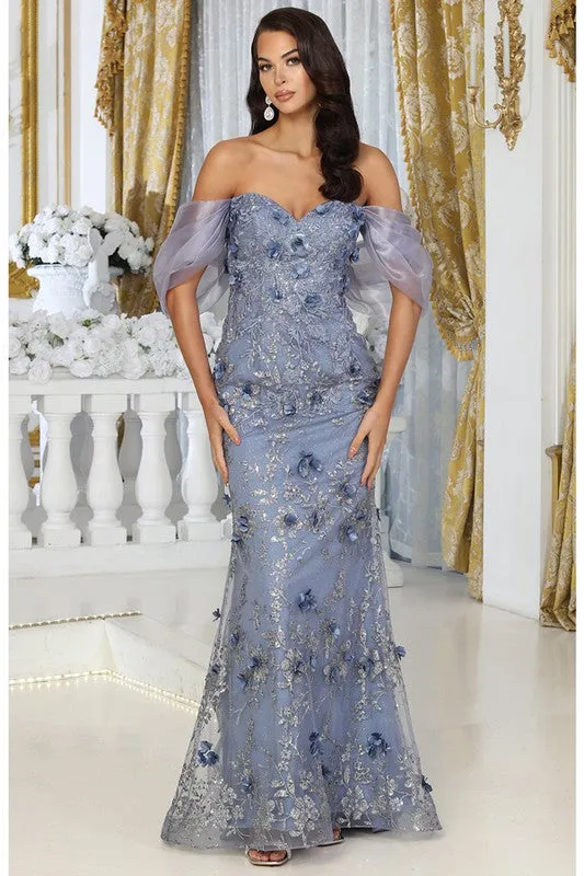 Dusty Blue Off Shoulder 3d Floral Applique Glitter Print Merm