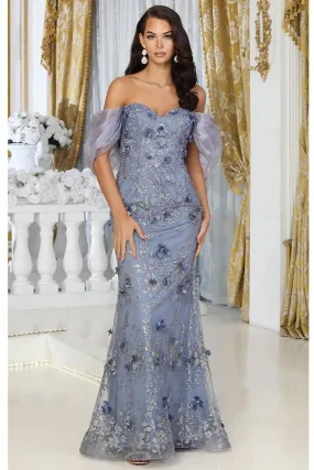 Dusty Blue Off Shoulder 3d Floral Applique Glitter Print Merm