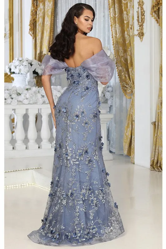 Dusty Blue Off Shoulder 3d Floral Applique Glitter Print Merm