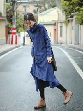 Elegant Blue High Neck Loose Sweater Dresses For Women Z81039
