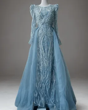 Elegant Blue Sequin Evening Gown with Cape Sleeves - Pretty Sequin Dress with Beaded Embellishments Plus Size