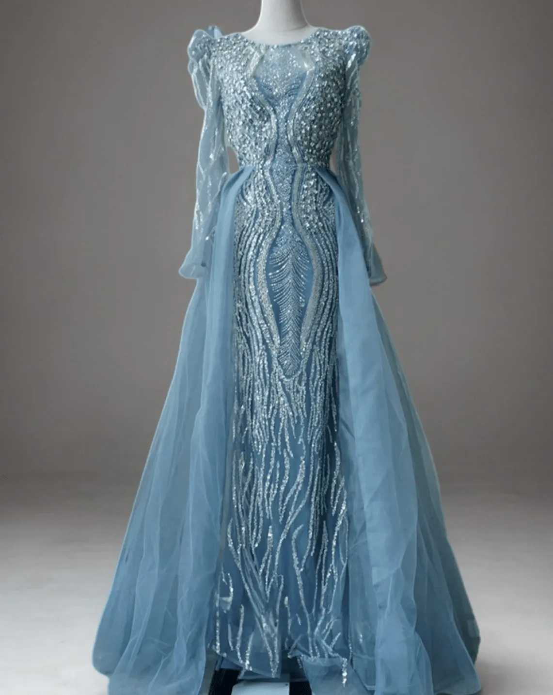 Elegant Blue Sequin Evening Gown with Cape Sleeves - Pretty Sequin Dress with Beaded Embellishments Plus Size