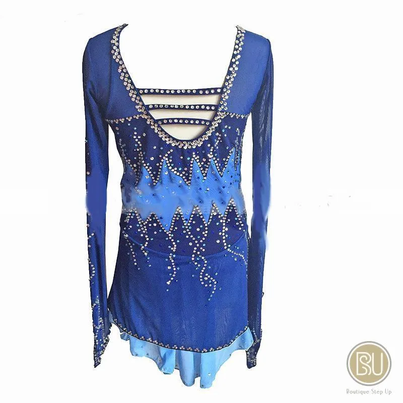 Figure Skating Dress Crew Neckline Mesh Sleeves Tones Blue