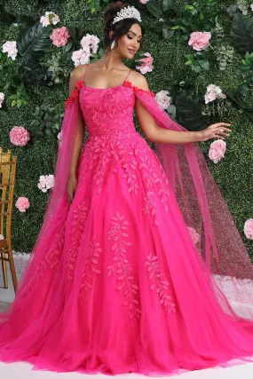 Fuchsia Botanic Lace 3D Floral Applique Cape Sleeve Quince