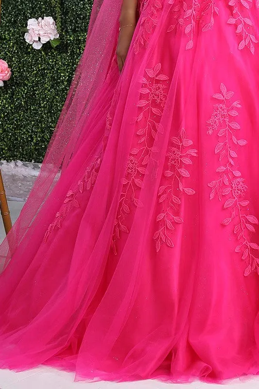 Fuchsia Botanic Lace 3D Floral Applique Cape Sleeve Quince
