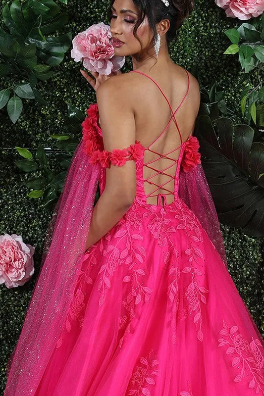 Fuchsia Botanic Lace 3D Floral Applique Cape Sleeve Quince