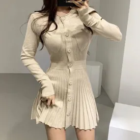 Girlary Knitted Pleated Mini Dress Women Vintage Black Sweater Dresses Winter Korean Elegant Long Sleeve Pink Bodycon Vestidos New