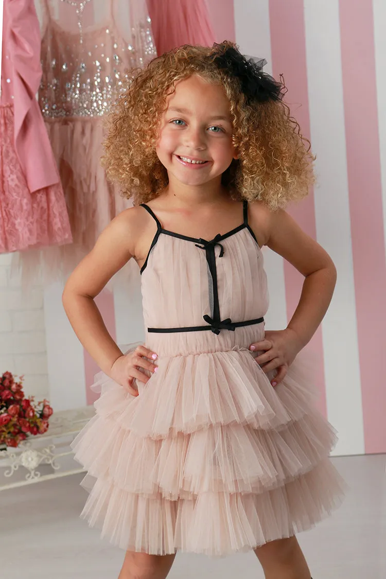 Girls Sand Color Strap Black Trim Ruffle Layared Tulle Sylvie Dress Sizes 12 Months-14
