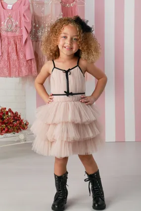 Girls Sand Color Strap Black Trim Ruffle Layared Tulle Sylvie Dress Sizes 12 Months-14