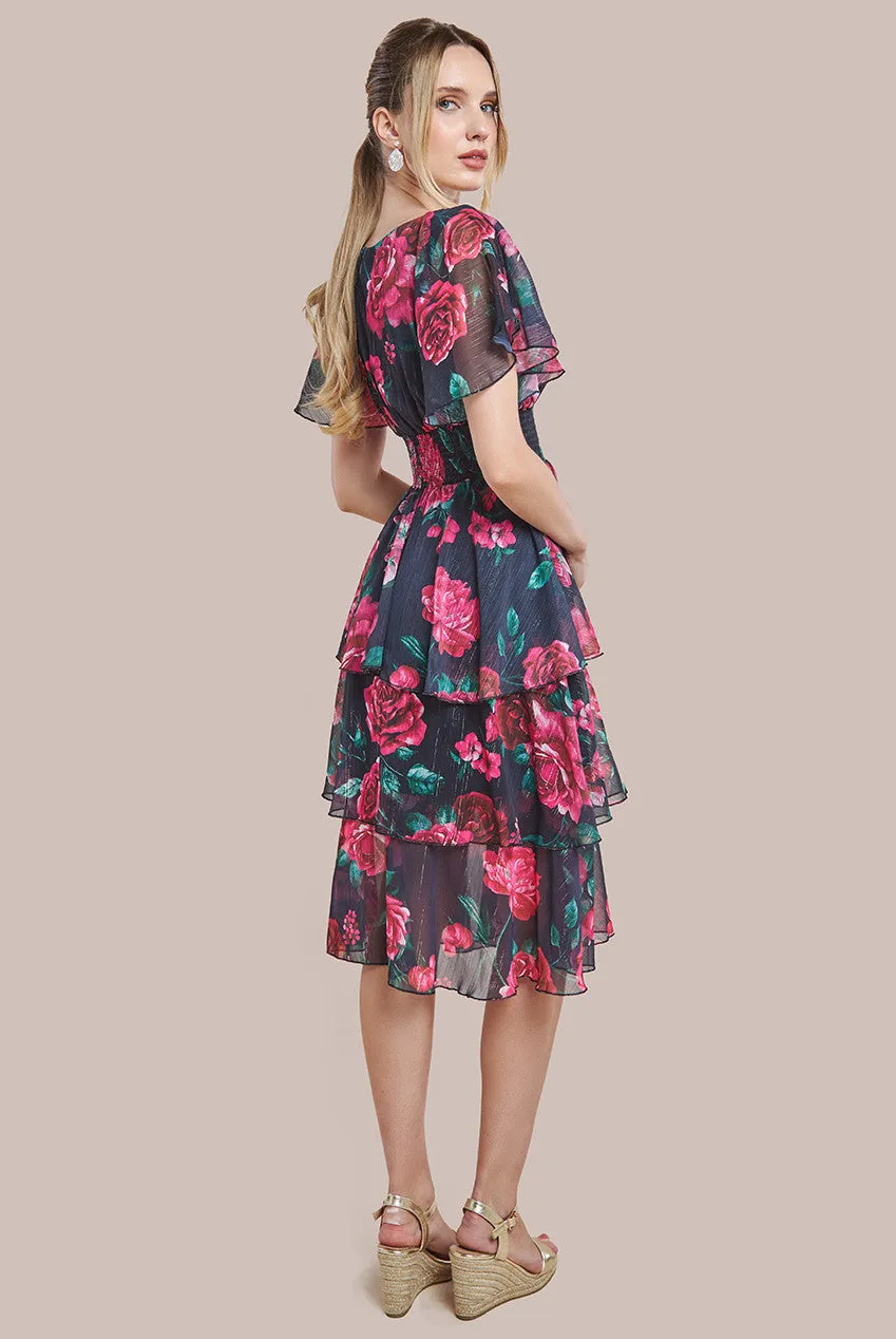 Goddiva Layered Floral Midi Dress With Flutter Sleeves