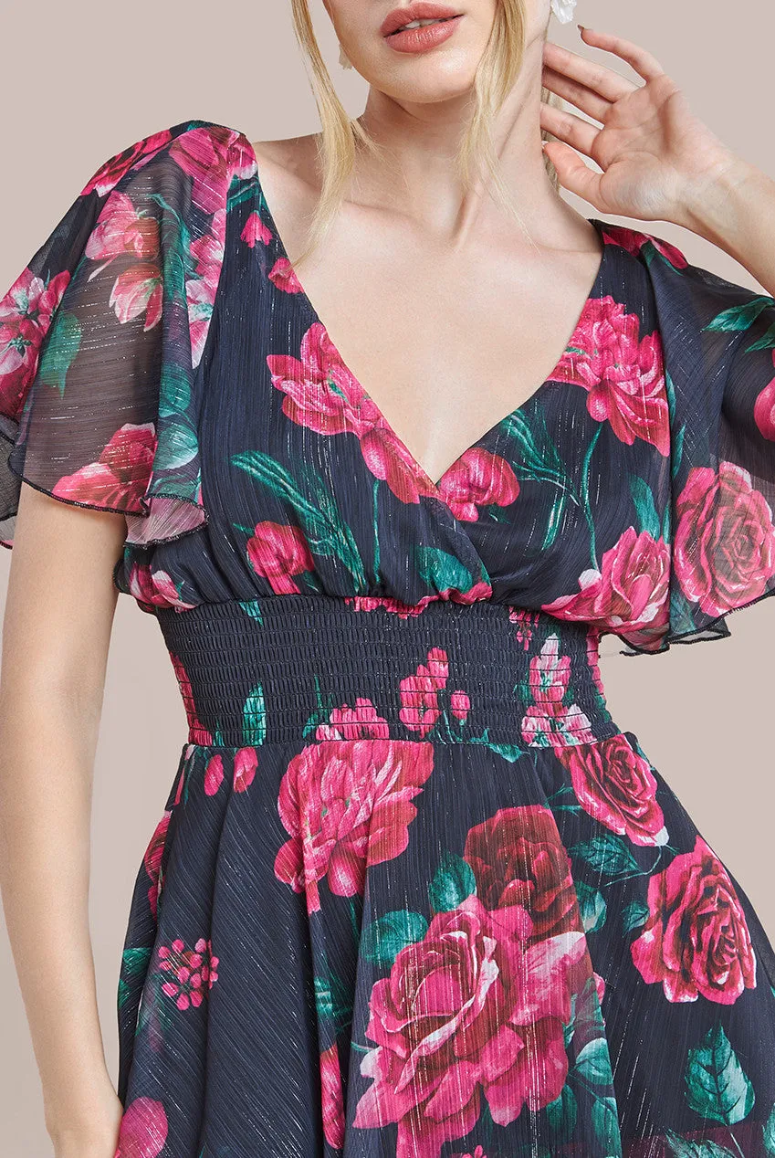 Goddiva Layered Floral Midi Dress With Flutter Sleeves