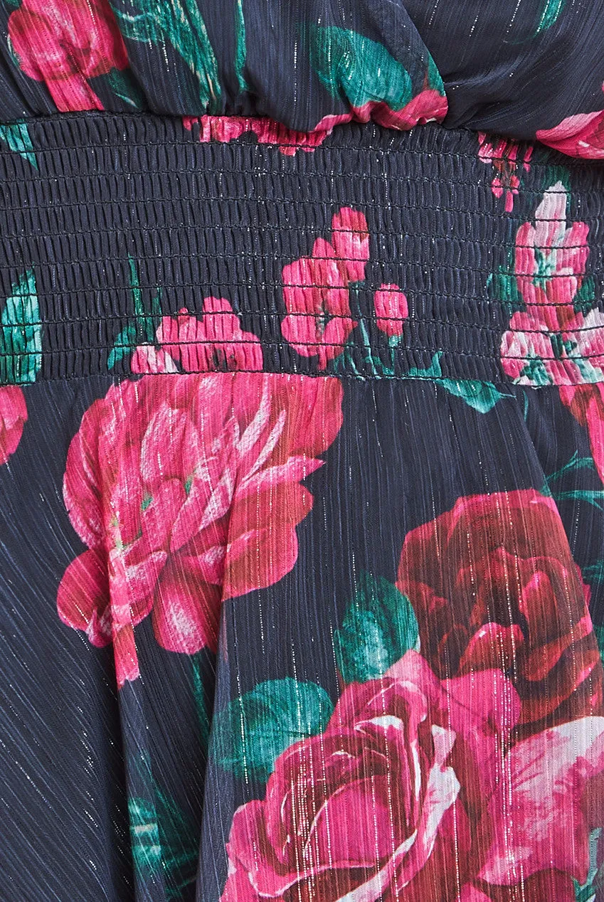 Goddiva Layered Floral Midi Dress With Flutter Sleeves