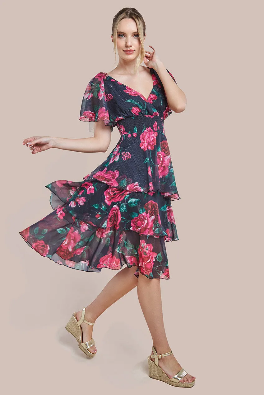 Goddiva Layered Floral Midi Dress With Flutter Sleeves