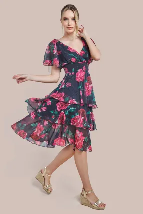 Goddiva Layered Floral Midi Dress With Flutter Sleeves