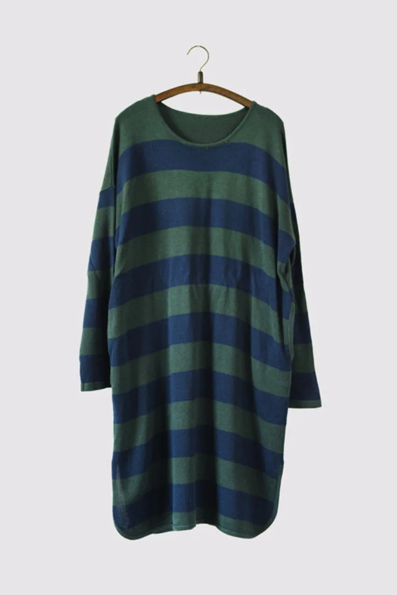 Green Stripe Long Cotton Top Loose Sweater Dress Women Clothes S230A