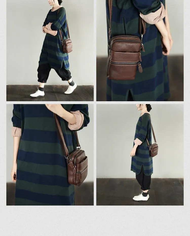 Green Stripe Long Cotton Top Loose Sweater Dress Women Clothes S230A