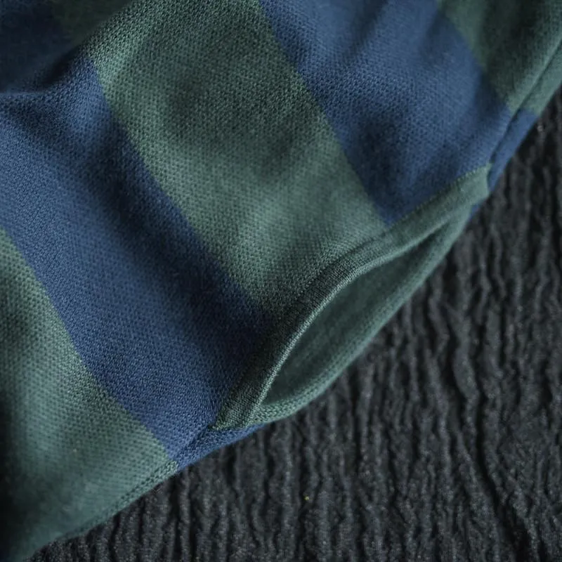 Green Stripe Long Cotton Top Loose Sweater Dress Women Clothes S230A