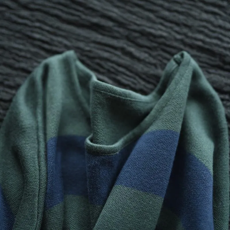 Green Stripe Long Cotton Top Loose Sweater Dress Women Clothes S230A