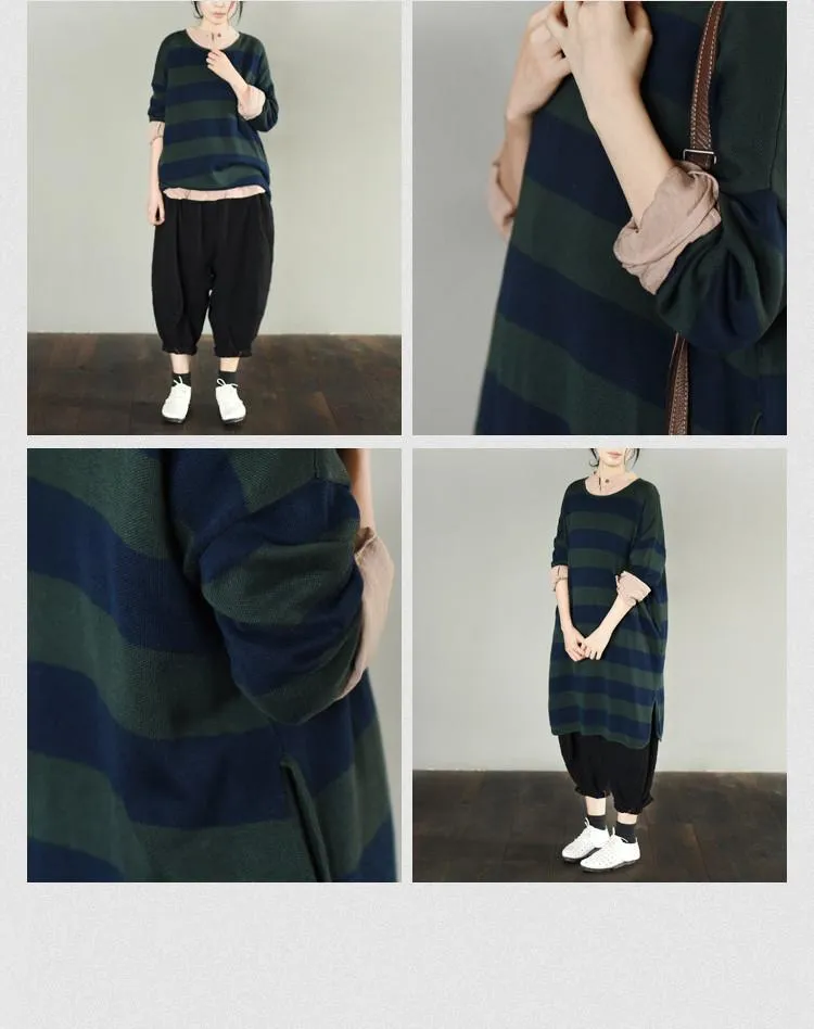 Green Stripe Long Cotton Top Loose Sweater Dress Women Clothes S230A