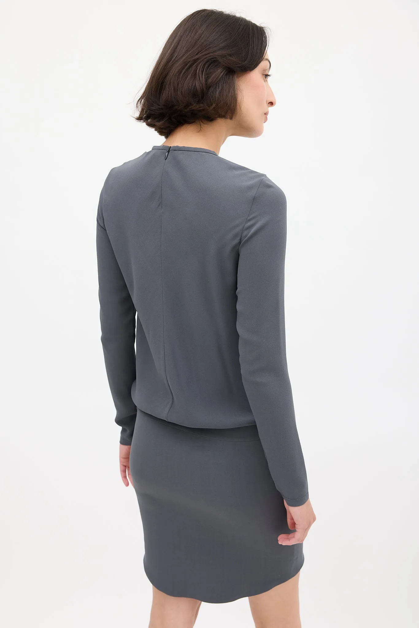 Grey Silk Draped Fitted Dress