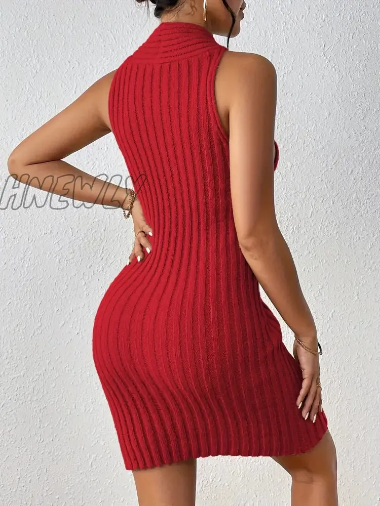 Hnewly Solid Ribbed Sweater Dress, Sexy Cut Out Sleeveless Bodycon Dress, Women's Clothing