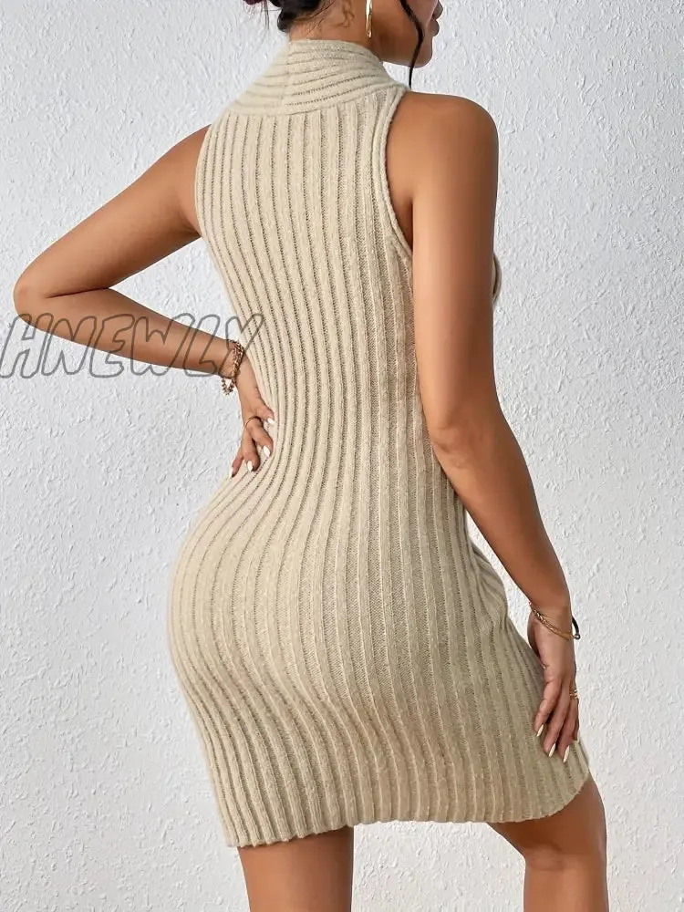 Hnewly Solid Ribbed Sweater Dress, Sexy Cut Out Sleeveless Bodycon Dress, Women's Clothing