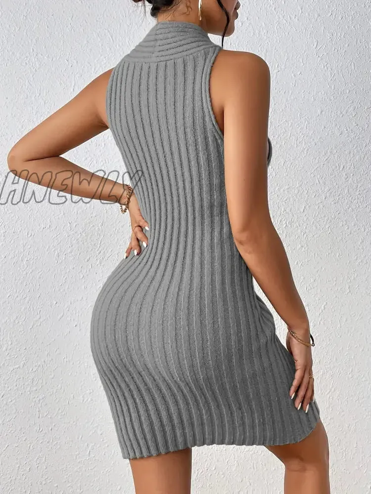 Hnewly Solid Ribbed Sweater Dress, Sexy Cut Out Sleeveless Bodycon Dress, Women's Clothing