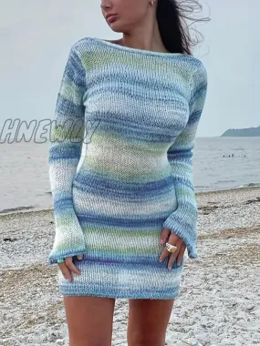 Hnewly Striped Boat Neck Sweater Dress, Elegant Long Sleeve Bodycon Dress, Women's Clothing