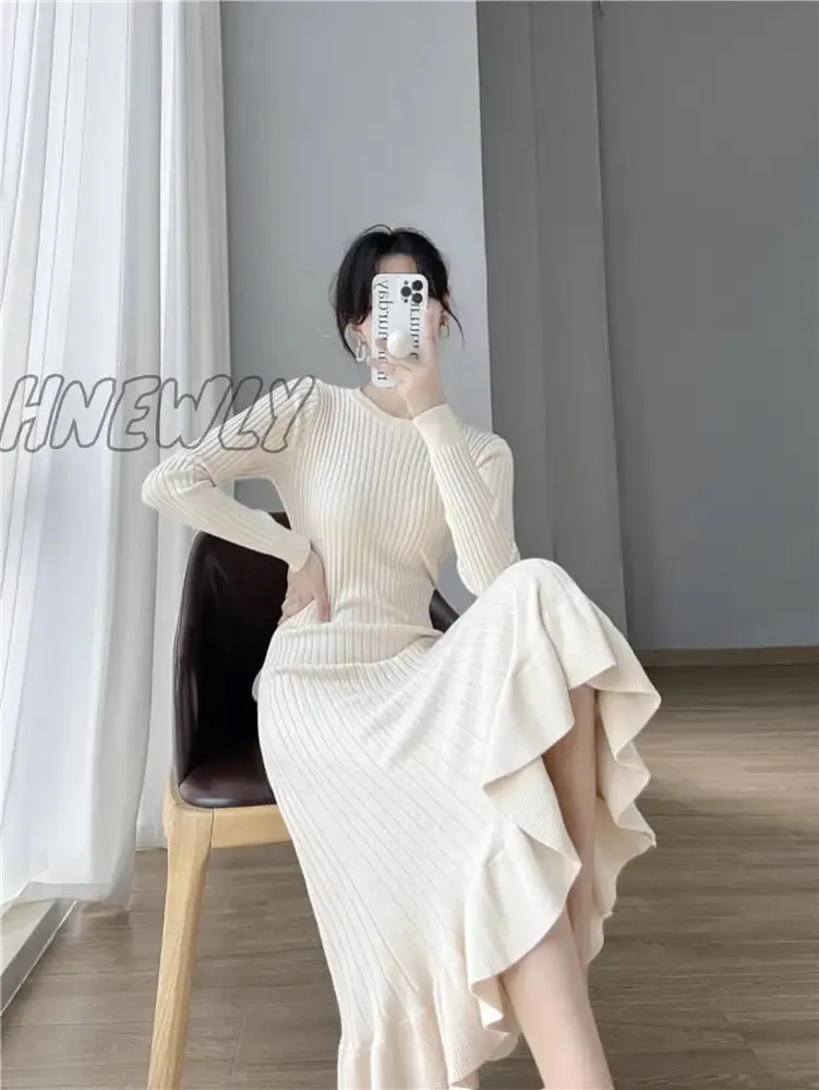 Hnewly Thick Mermaid O-Neck Long Sweater Maxi Dress for Women Elegant Casuals Female A-line Slim Sexy Knitting Dress Autumn Winter
