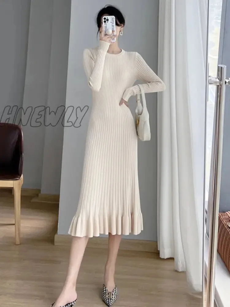 Hnewly Thick Mermaid O-Neck Long Sweater Maxi Dress for Women Elegant Casuals Female A-line Slim Sexy Knitting Dress Autumn Winter