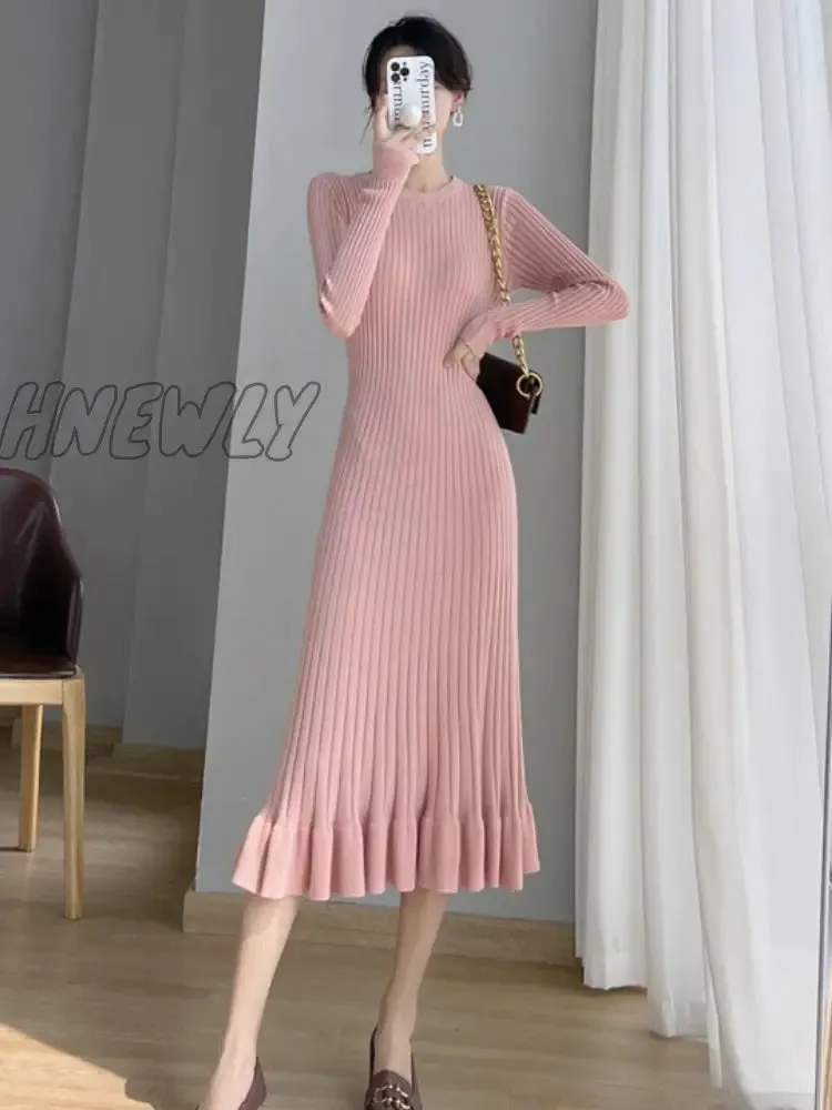 Hnewly Thick Mermaid O-Neck Long Sweater Maxi Dress for Women Elegant Casuals Female A-line Slim Sexy Knitting Dress Autumn Winter