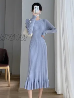 Hnewly Thick Mermaid O-Neck Long Sweater Maxi Dress for Women Elegant Casuals Female A-line Slim Sexy Knitting Dress Autumn Winter
