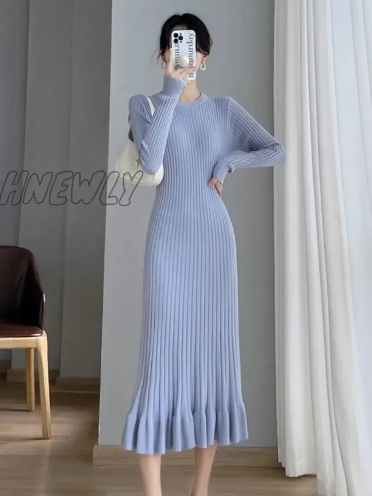 Hnewly Thick Mermaid O-Neck Long Sweater Maxi Dress for Women Elegant Casuals Female A-line Slim Sexy Knitting Dress Autumn Winter