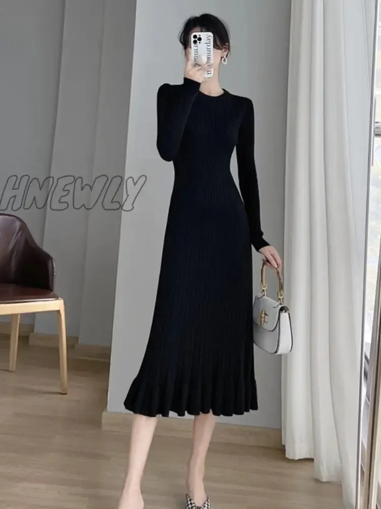 Hnewly Thick Mermaid O-Neck Long Sweater Maxi Dress for Women Elegant Casuals Female A-line Slim Sexy Knitting Dress Autumn Winter