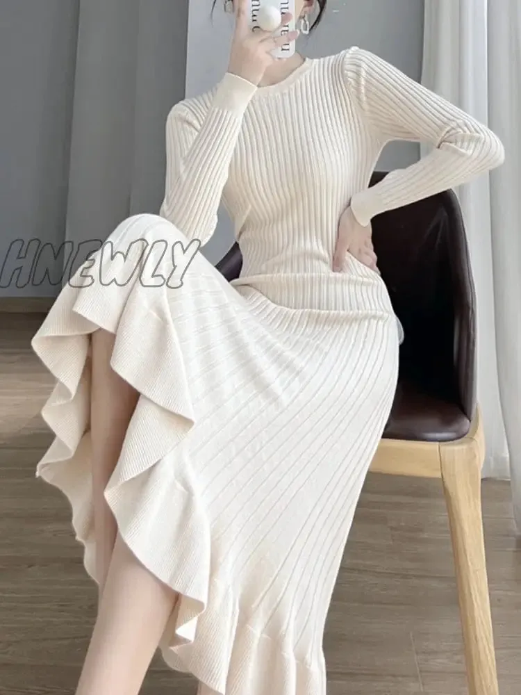 Hnewly Thick Mermaid O-Neck Long Sweater Maxi Dress for Women Elegant Casuals Female A-line Slim Sexy Knitting Dress Autumn Winter