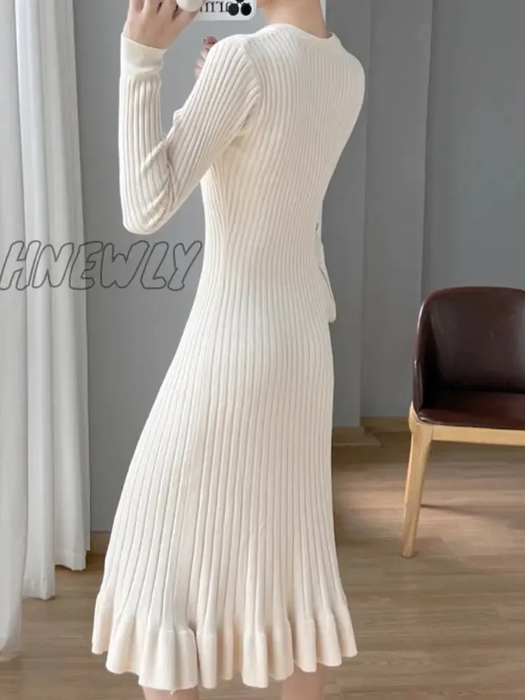 Hnewly Thick Mermaid O-Neck Long Sweater Maxi Dress for Women Elegant Casuals Female A-line Slim Sexy Knitting Dress Autumn Winter