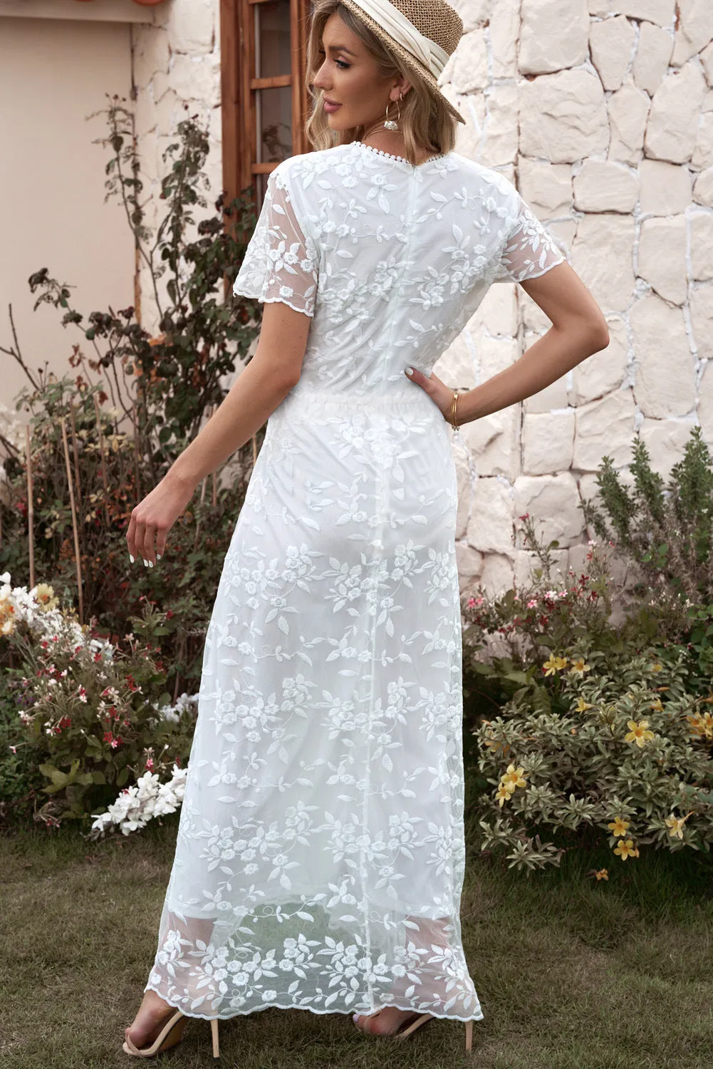 Hollow Out Floral Lace Solid Color V-neck Maxi Dress